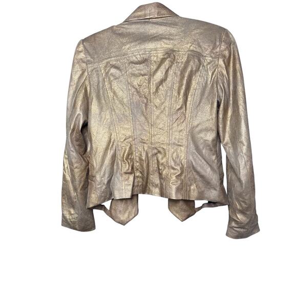 Caché Metallic Gold Faux Leather Jacket Size 4 Open Front Waterfall Moto Blazer - Picture 2 of 3